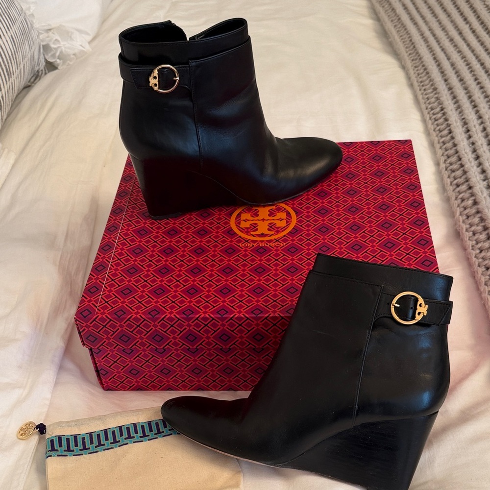 Tory Burch Black Ankle Booties with Gold Buckle